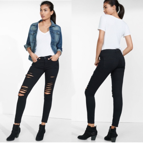 Express Denim - Black Mid Rise Distressed Stretch Jean Leggings